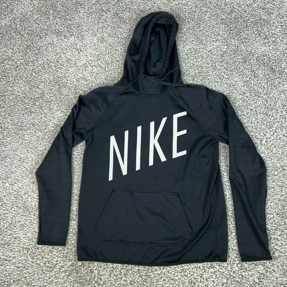 Nike Hoodie Womens Medium Black Activewear Therma FIT Logo Pullover Sweatshirt